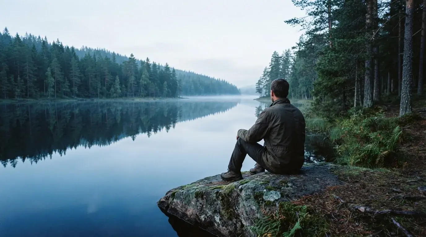 Mann som tar en lang pause ved et vann i skogen og ser på speilingen i vannflaten, rolig morgenlys